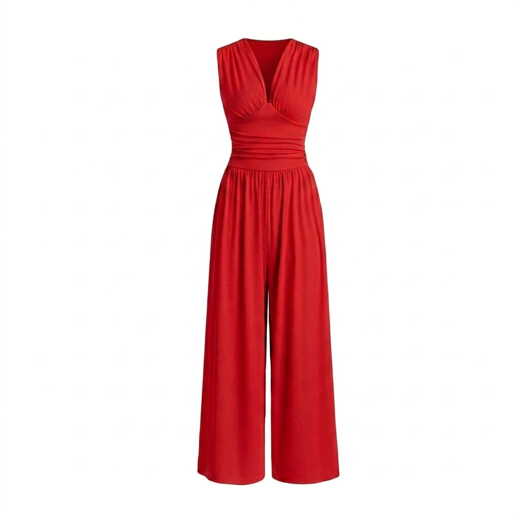 Damen Jumpsuit Ärmellos V-Ausschnitt Weites Bein Freizeit