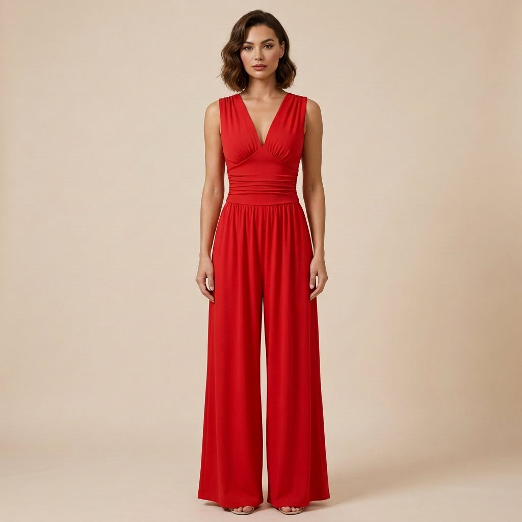 Damen Jumpsuit Ärmellos V-Ausschnitt Weites Bein Freizeit