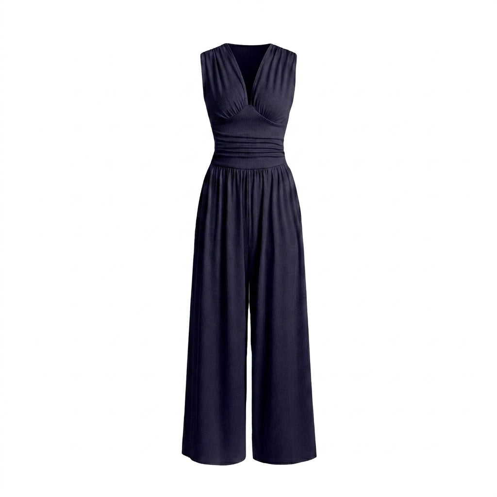 Damen Jumpsuit Ärmellos V-Ausschnitt Weites Bein Freizeit