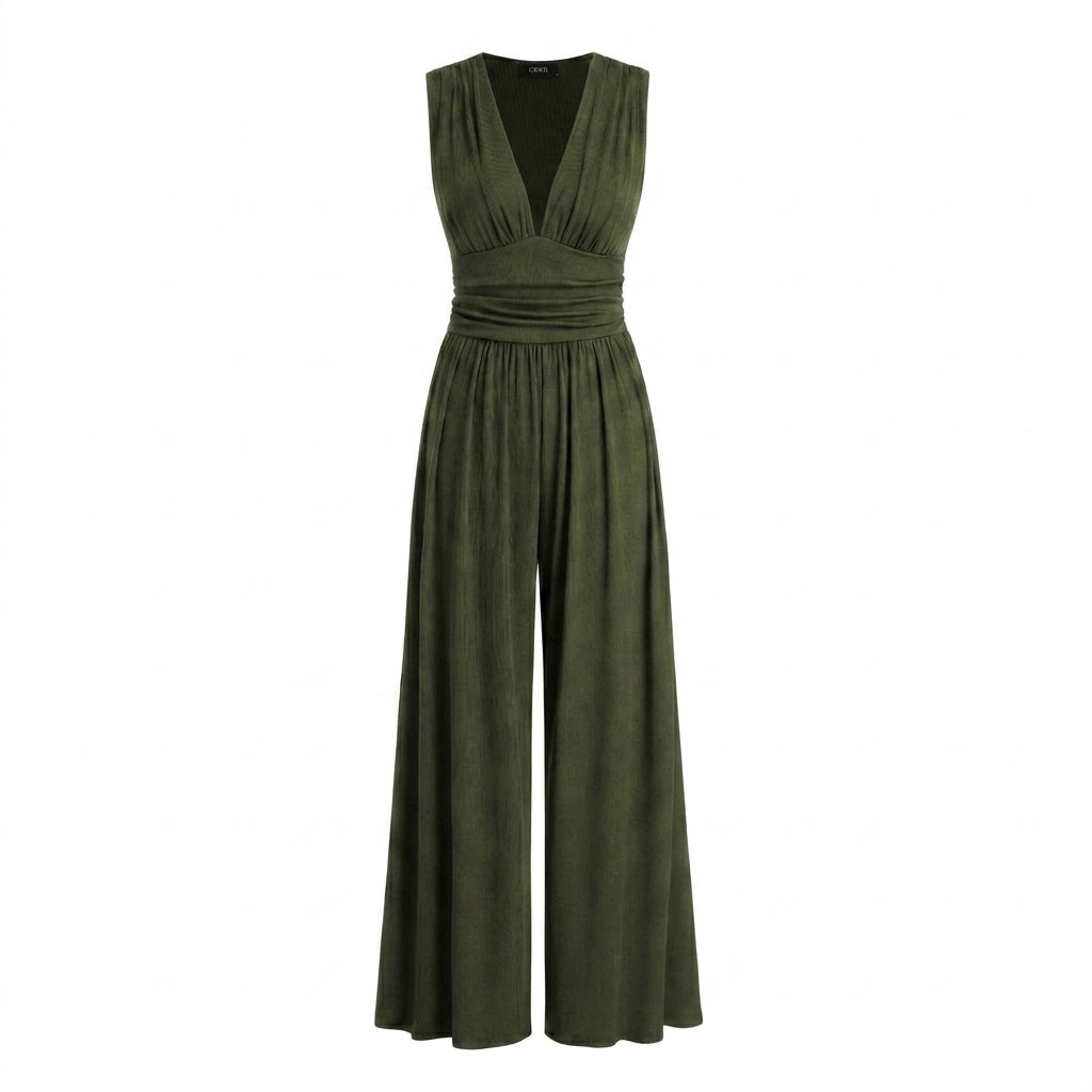 Damen Jumpsuit Ärmellos V-Ausschnitt Weites Bein Freizeit