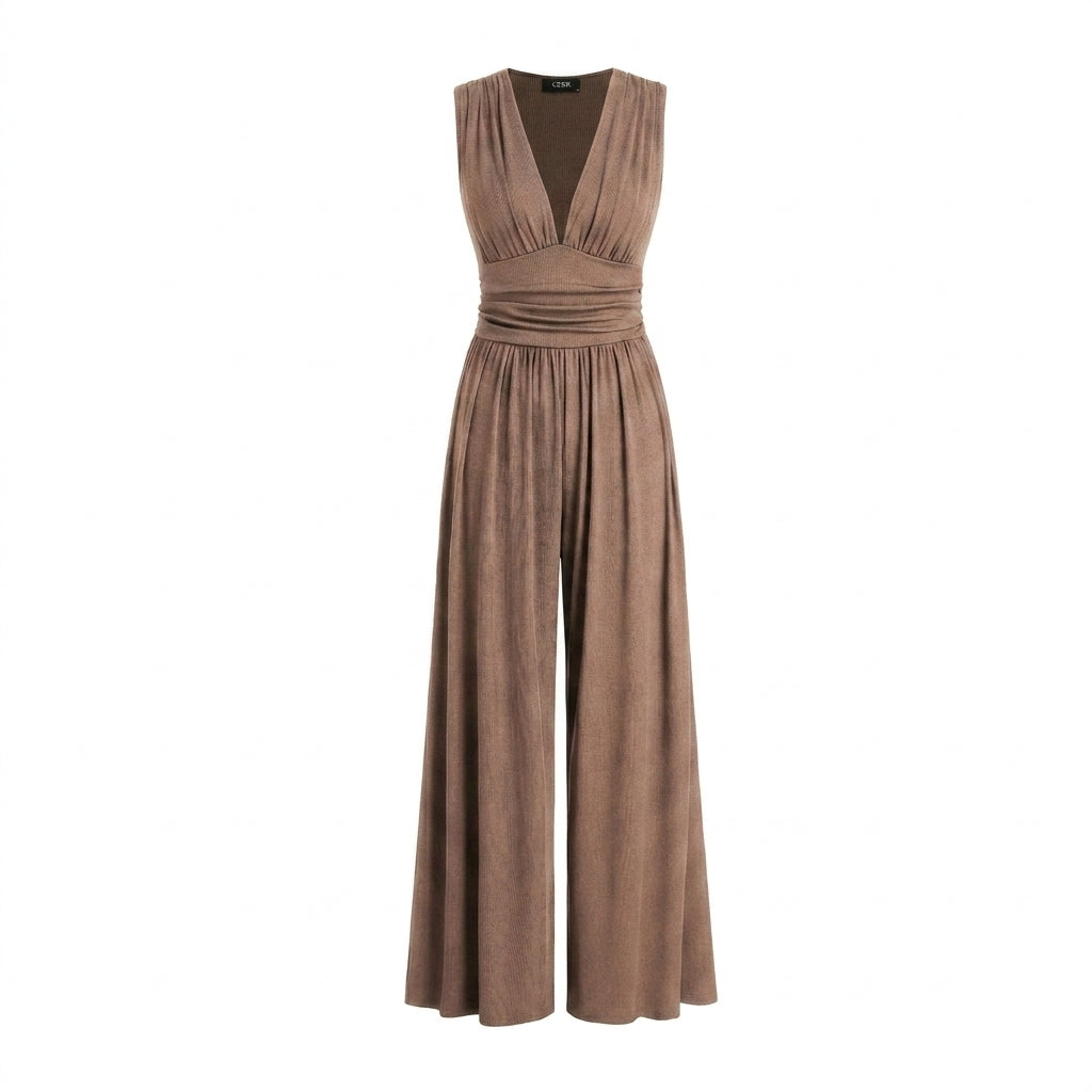 Damen Jumpsuit Ärmellos V-Ausschnitt Weites Bein Freizeit