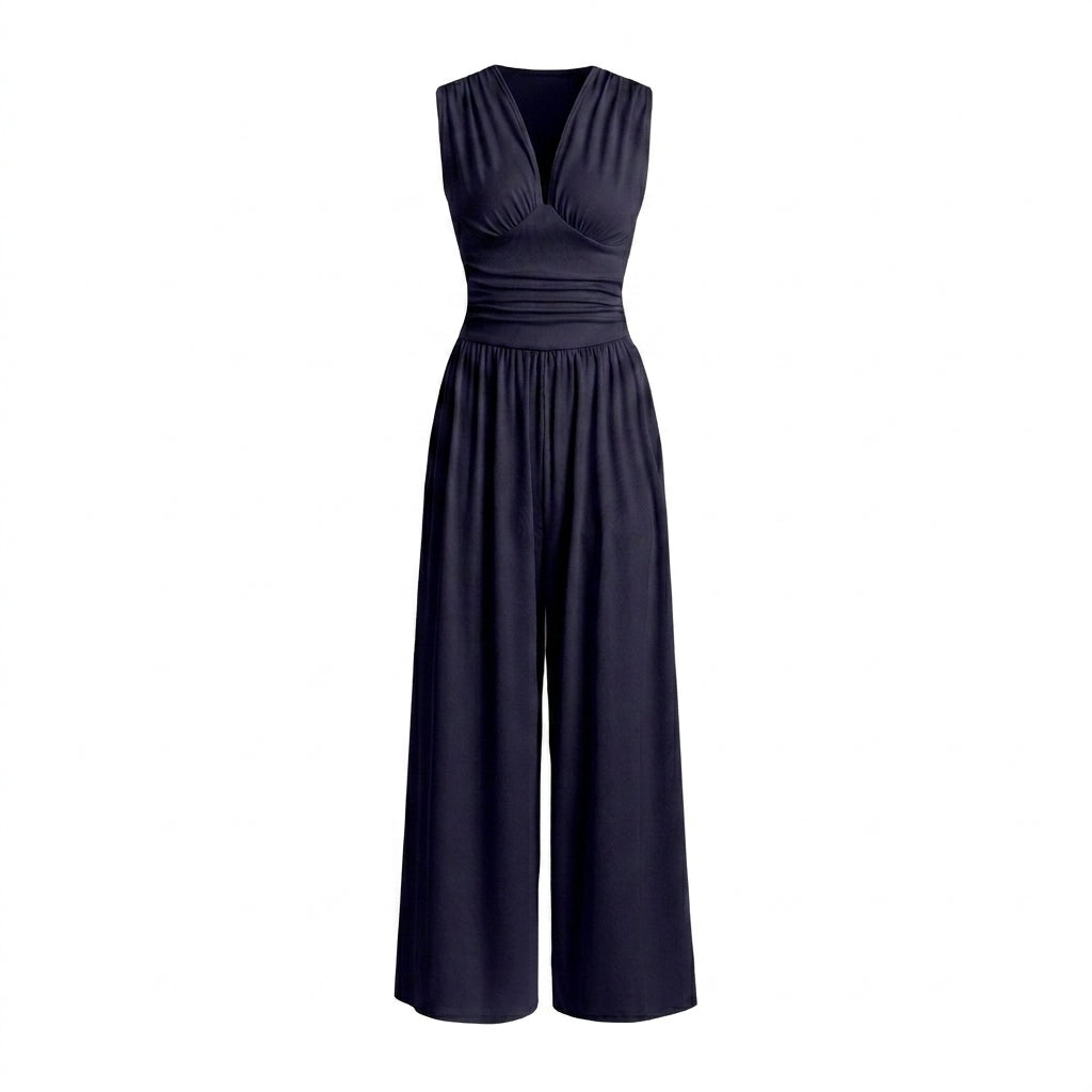 Damen Jumpsuit Ärmellos V-Ausschnitt Weites Bein Freizeit