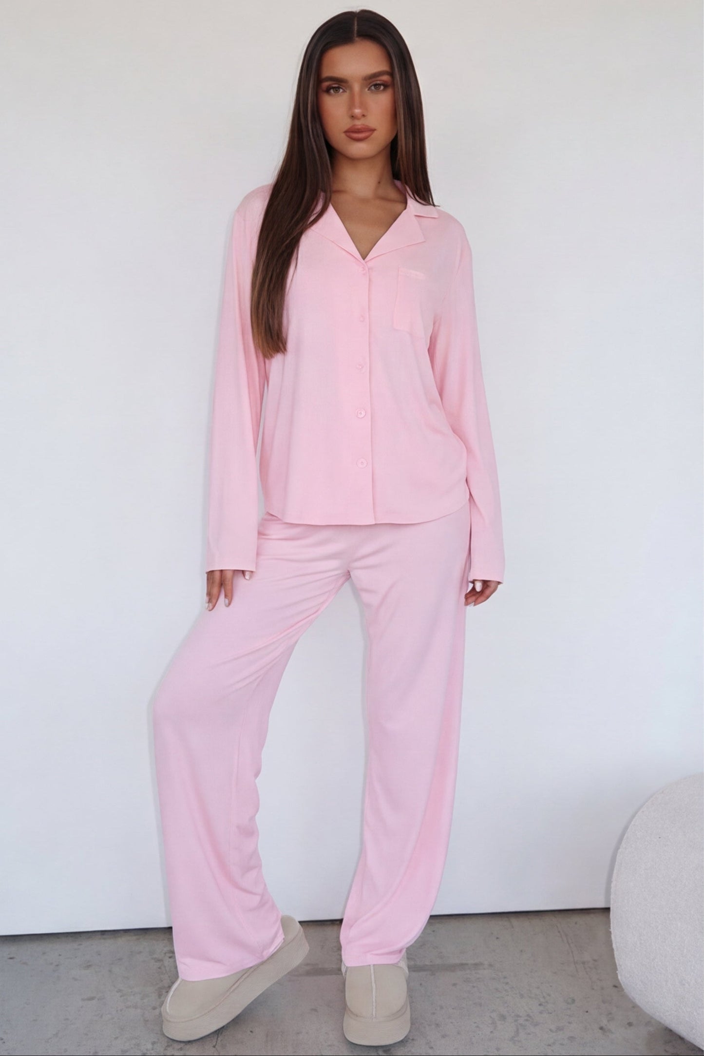 Damen Pyjama-Set Regular Fit Freizeit mit Knopfleiste und Reverskragen