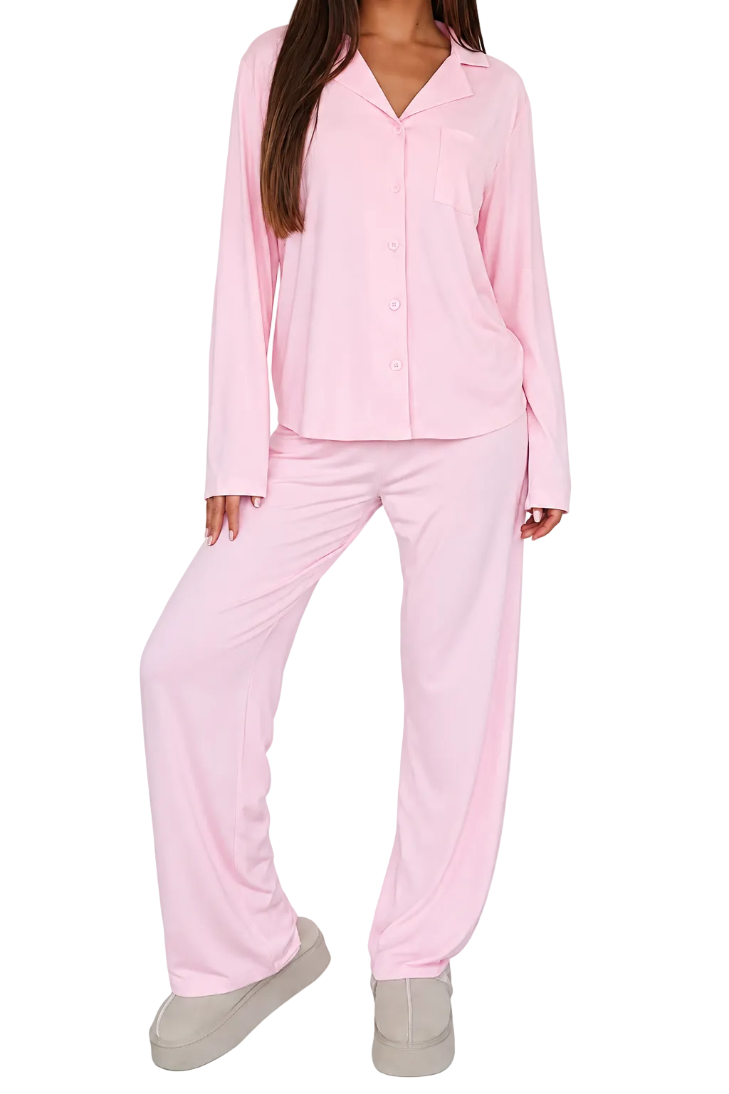 Damen Pyjama-Set Regular Fit Freizeit mit Knopfleiste und Reverskragen