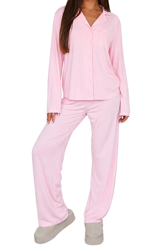 Damen Pyjama-Set Regular Fit Freizeit mit Knopfleiste und Reverskragen