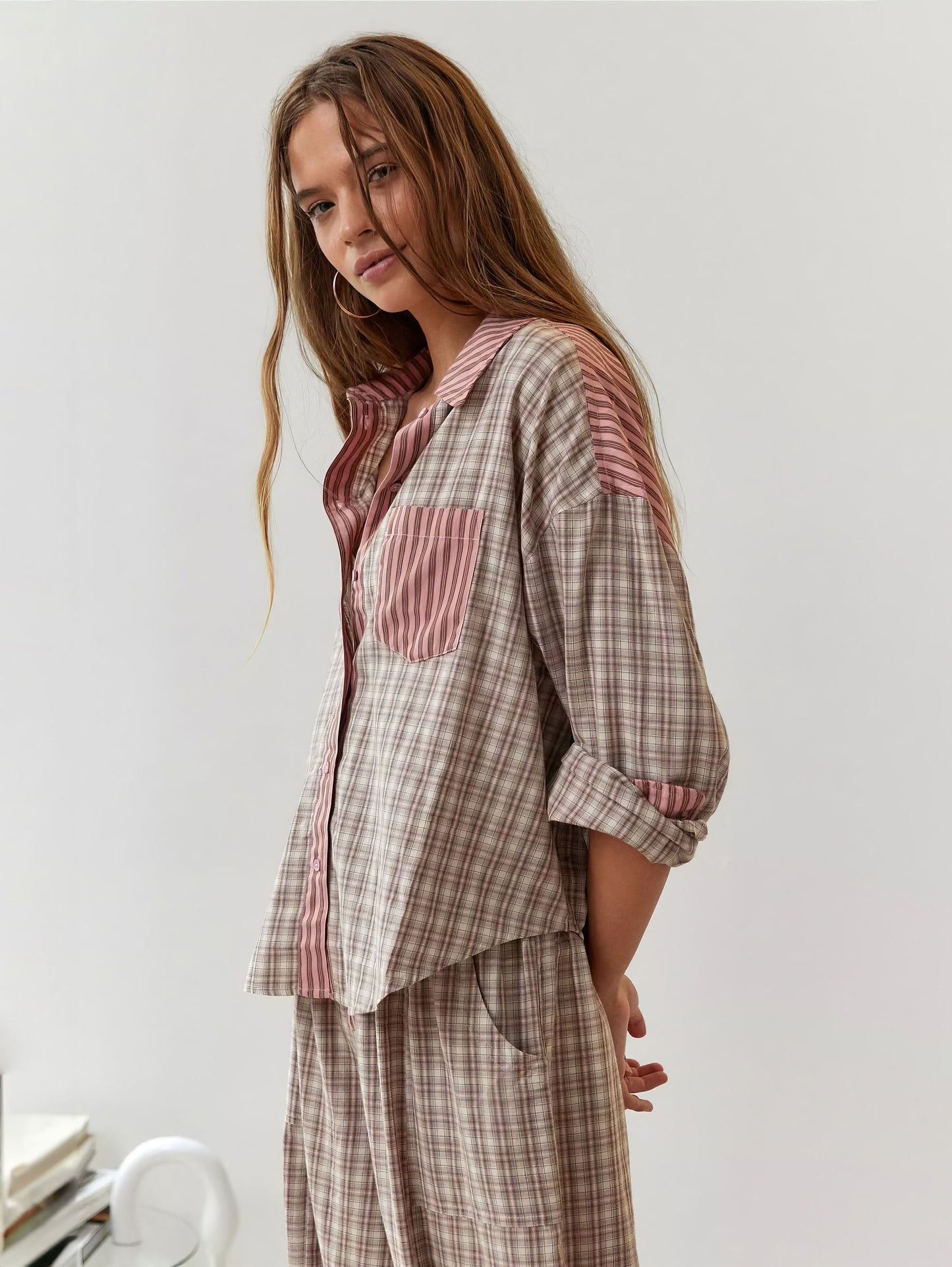 Damen Schlafanzug-Set Regular Fit Freizeit mit Knopfhemd und Hose