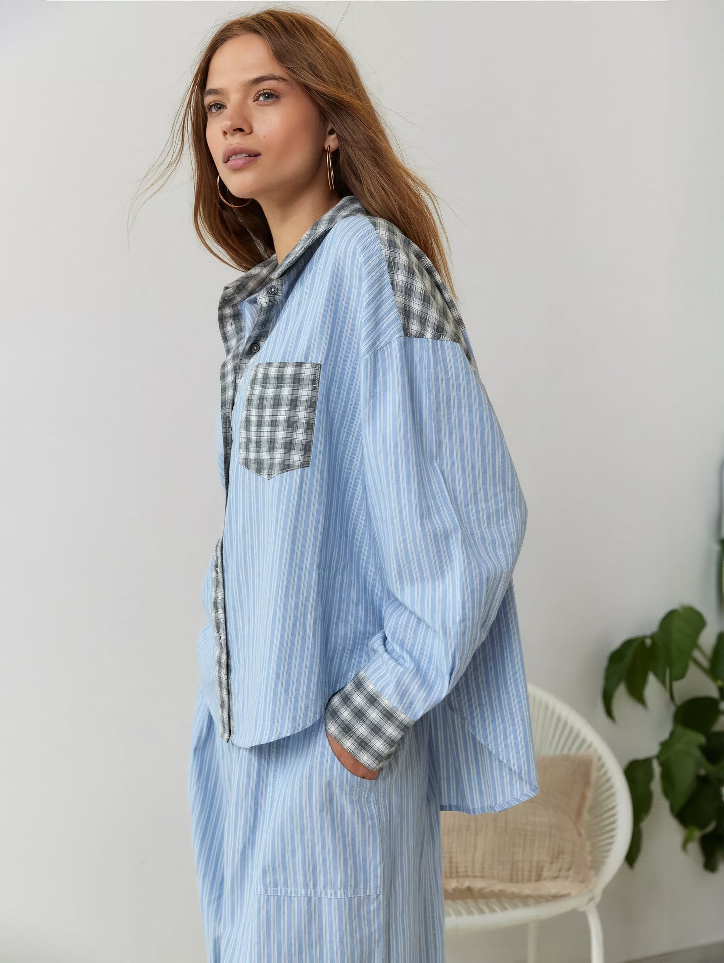 Damen Schlafanzug-Set Regular Fit Freizeit mit Knopfhemd und Hose