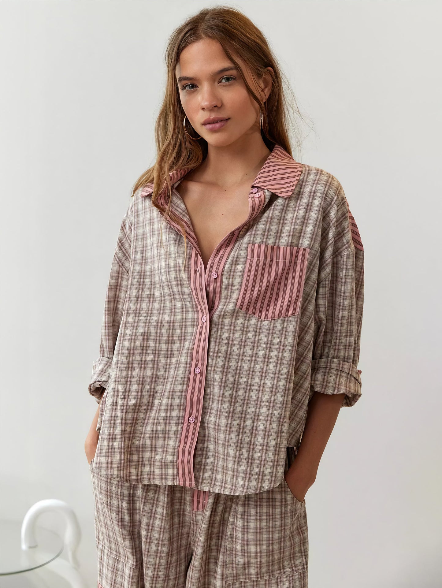Damen Schlafanzug-Set Regular Fit Freizeit mit Knopfhemd und Hose