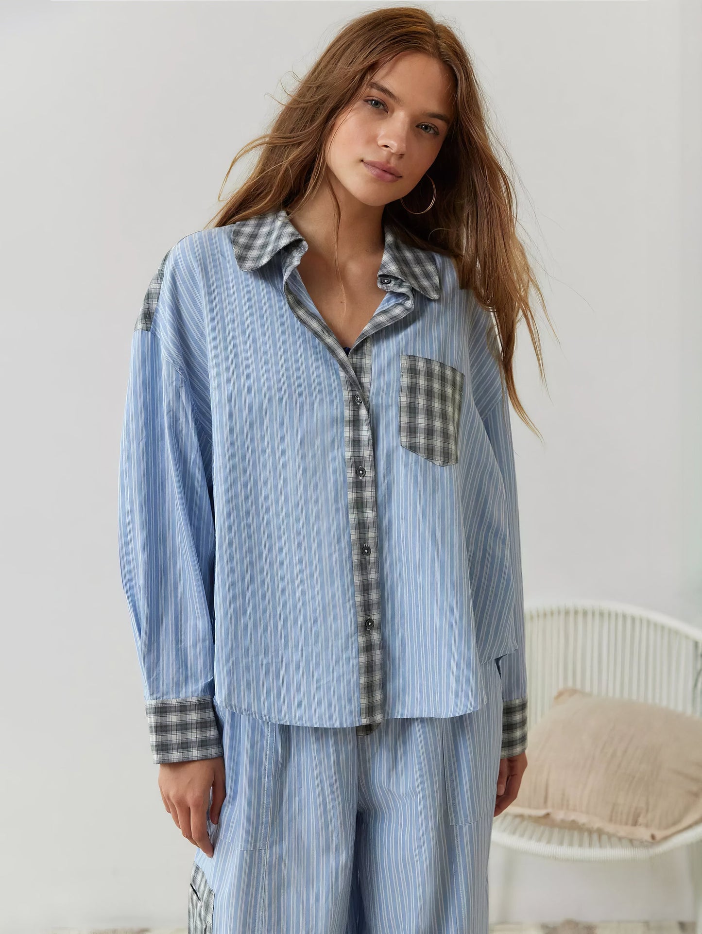Damen Schlafanzug-Set Regular Fit Freizeit mit Knopfhemd und Hose
