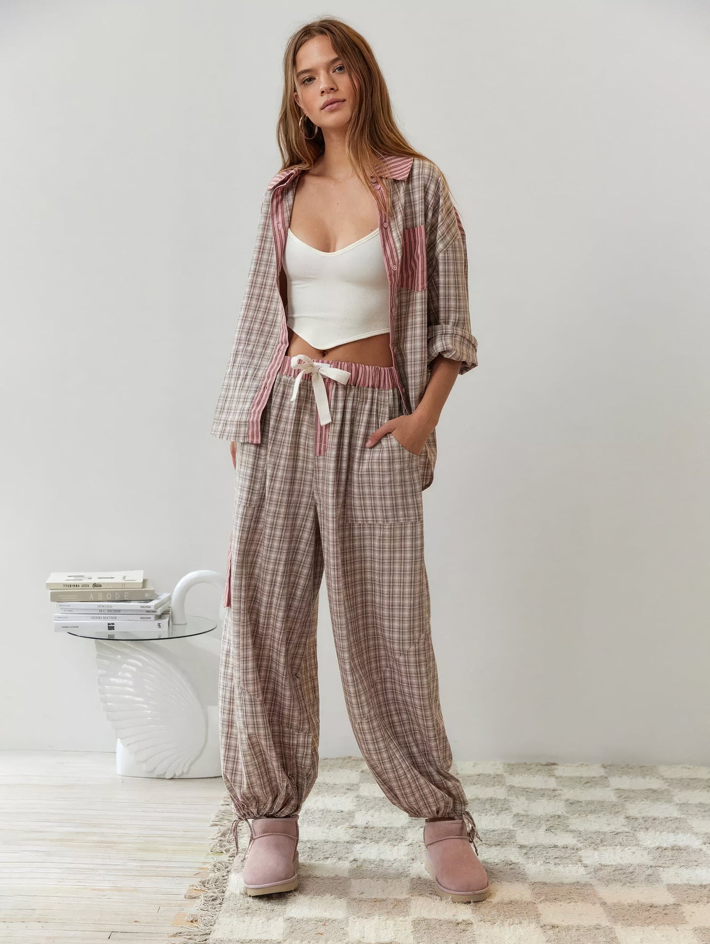 Damen Schlafanzug-Set Regular Fit Freizeit mit Knopfhemd und Hose