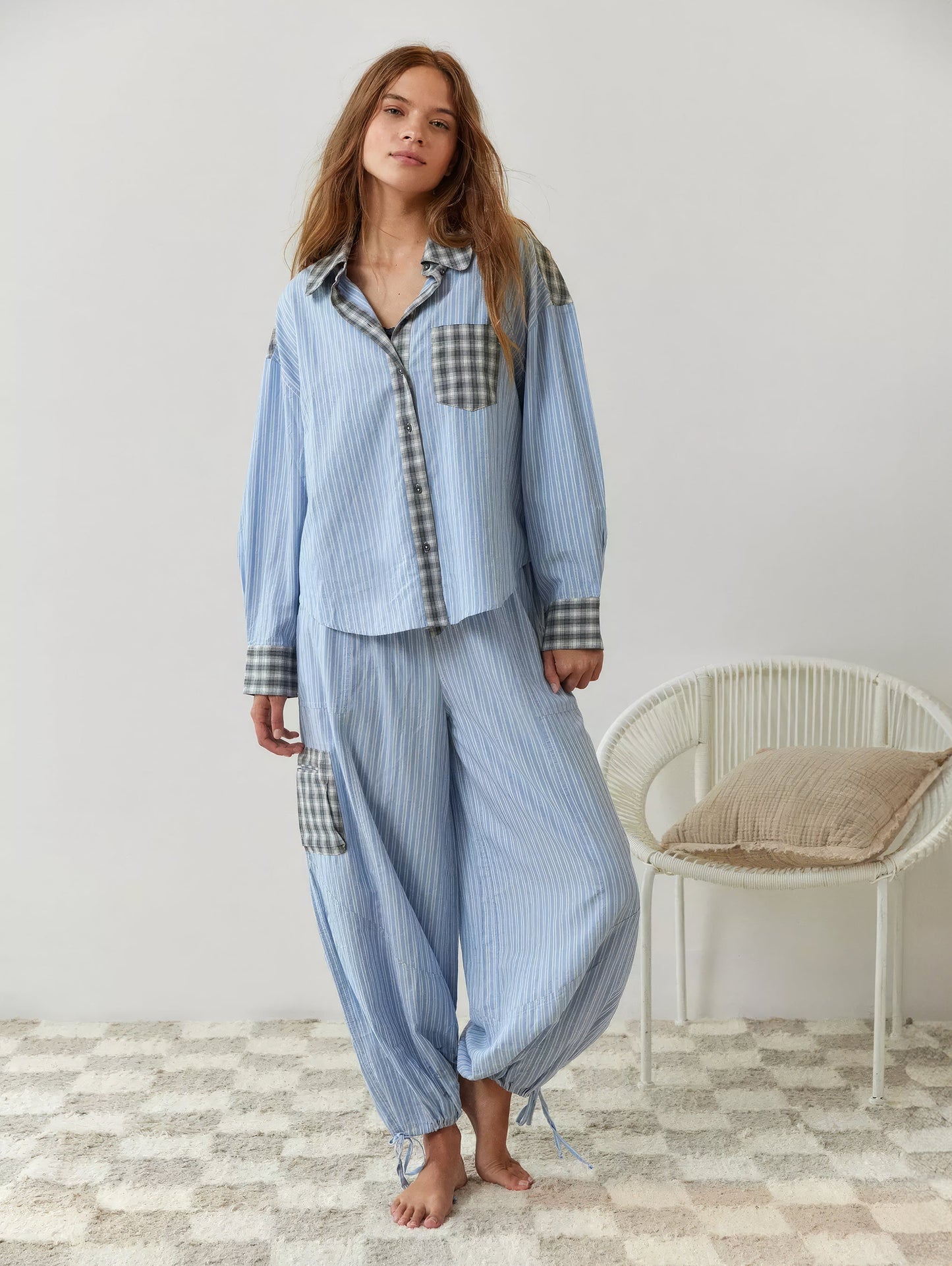 Damen Schlafanzug-Set Regular Fit Freizeit mit Knopfhemd und Hose
