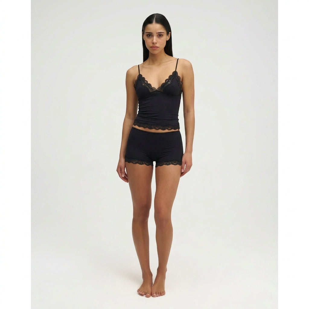 Damen Zweiteiler Slim Fit Freizeit mit Spitzenbesatz und verstellbaren Trägern