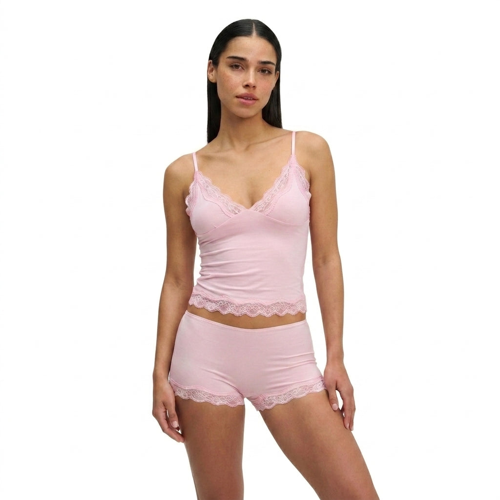 Damen Zweiteiler Slim Fit Freizeit mit Spitzenbesatz und verstellbaren Trägern
