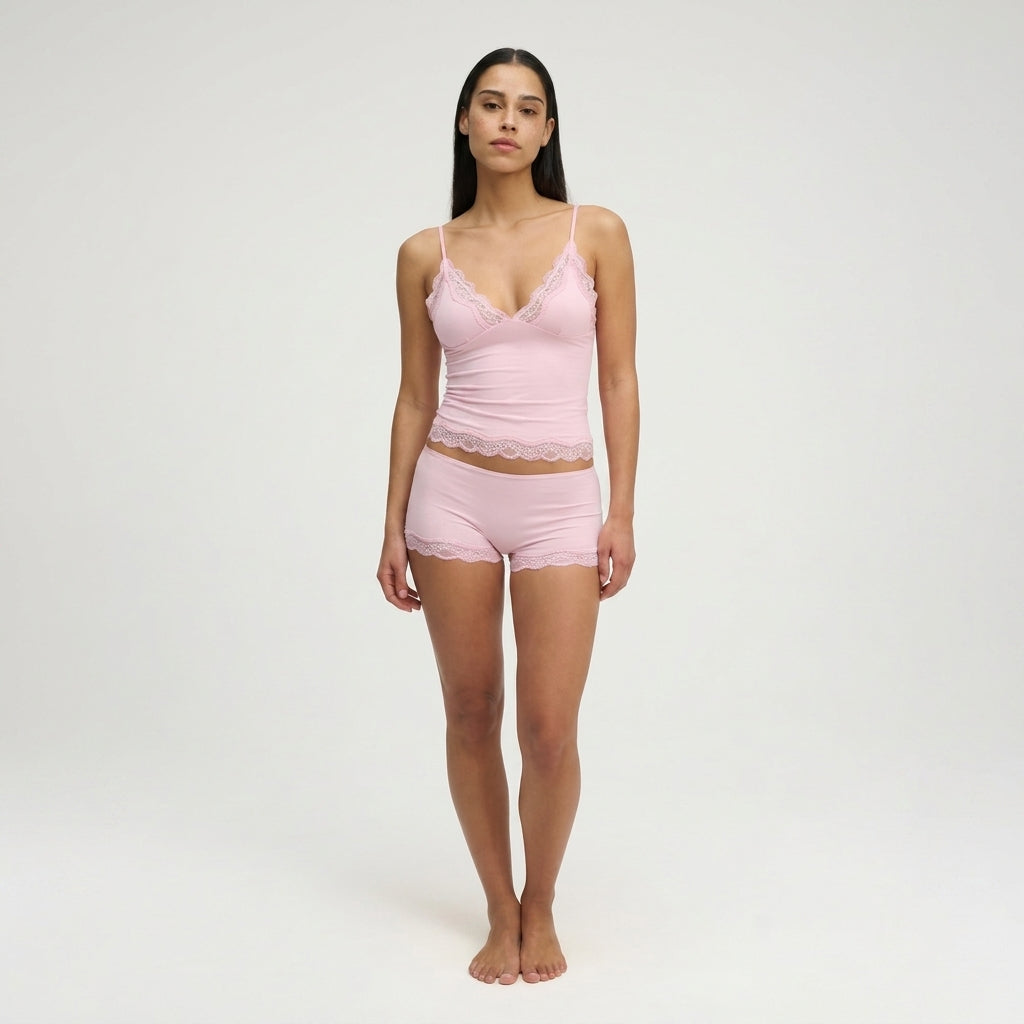 Damen Zweiteiler Slim Fit Freizeit mit Spitzenbesatz und verstellbaren Trägern