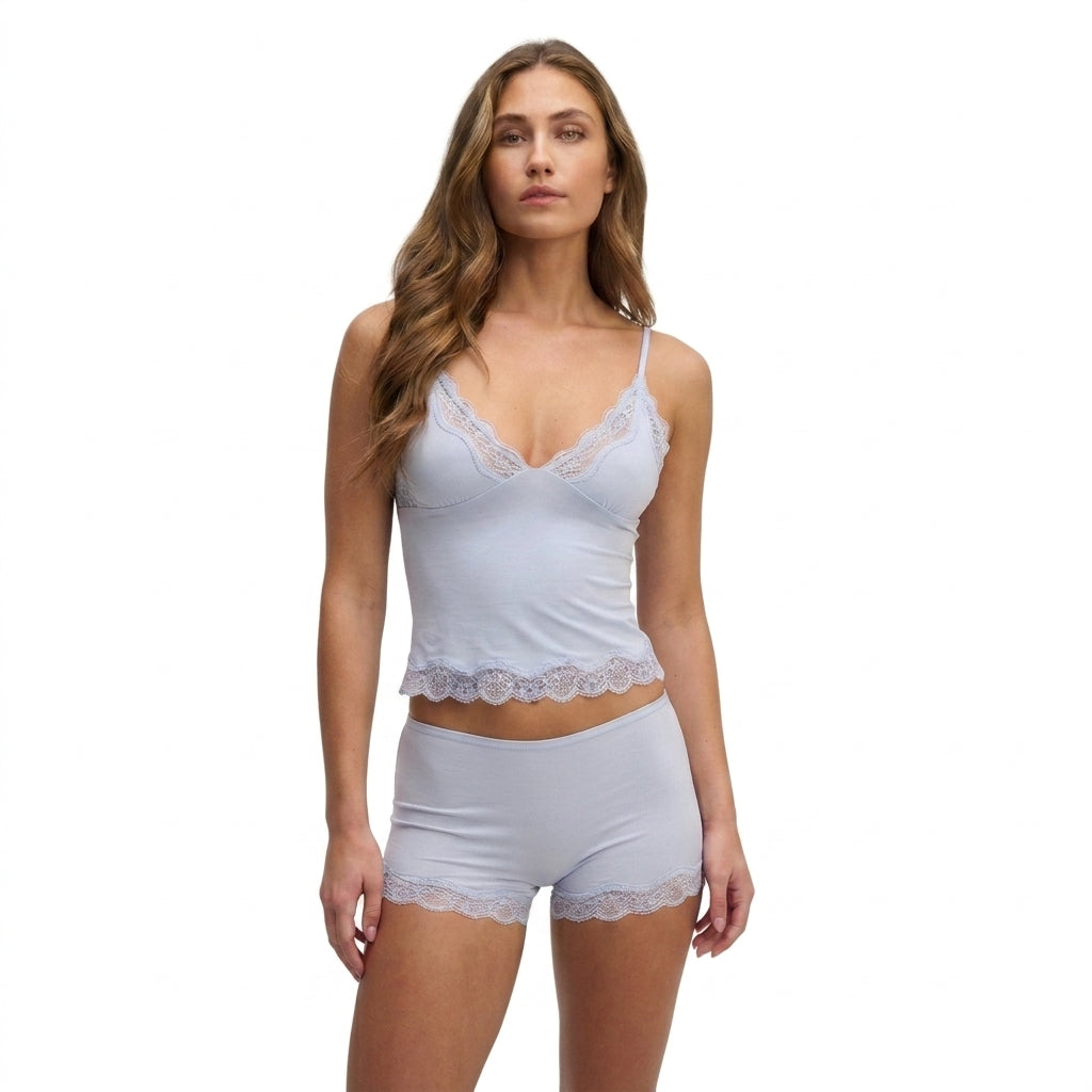 Damen Zweiteiler Slim Fit Freizeit mit Spitzenbesatz und verstellbaren Trägern