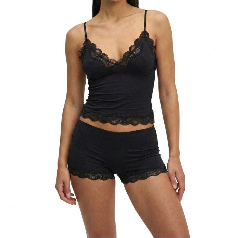 Damen Zweiteiler Slim Fit Freizeit mit Spitzenbesatz und verstellbaren Trägern