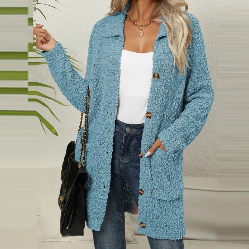 Ela I Damen Teddy-Cardigan Lang Relaxed Fit Freizeit mit Taschen