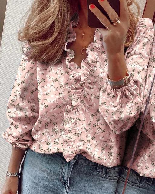 Damen Rüschenshirt Langarm V-Ausschnitt Relaxed Fit Casual