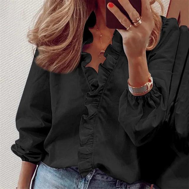 Damen Rüschenshirt Langarm V-Ausschnitt Relaxed Fit Casual