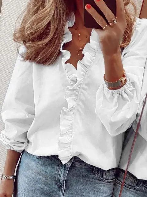 Damen Rüschenshirt Langarm V-Ausschnitt Relaxed Fit Casual