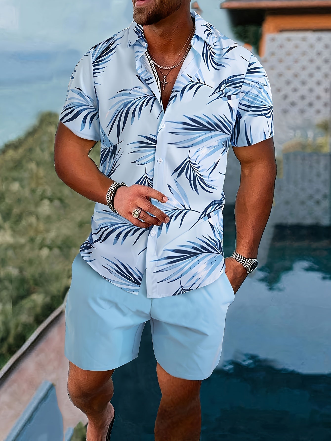 Anton | Herren Freizeit Set Relaxed Fit Sommer Kurzarmhemd Palmenmuster & Shorts