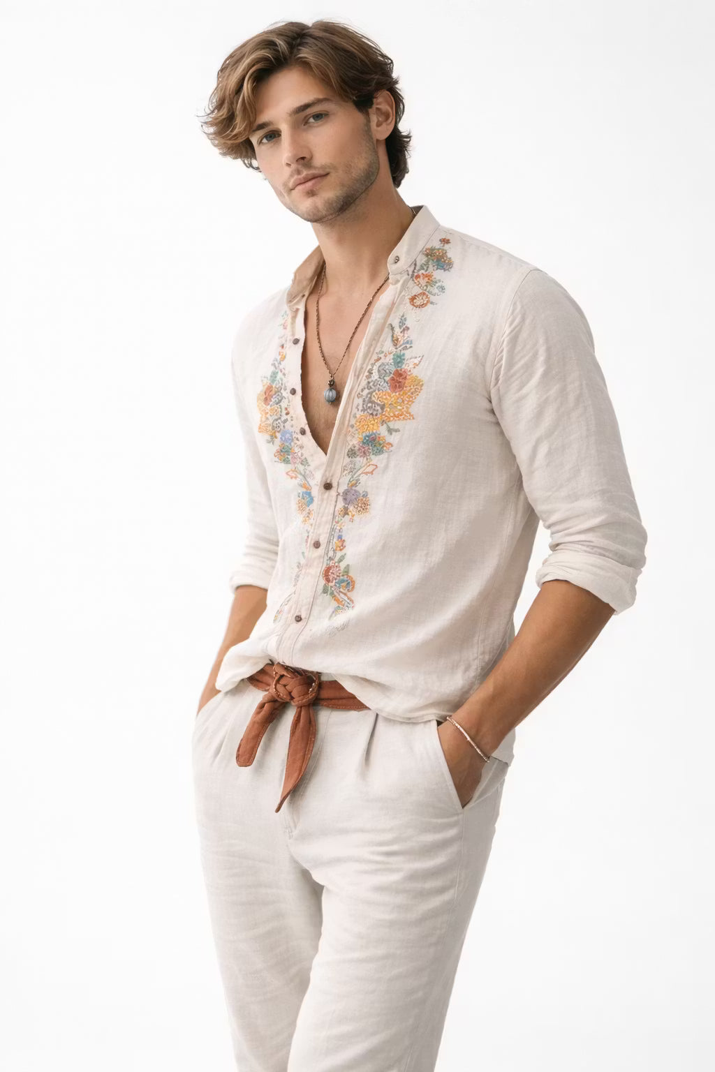 Herren Hemd Relaxed Fit Freizeit mit floralem Stickdesign