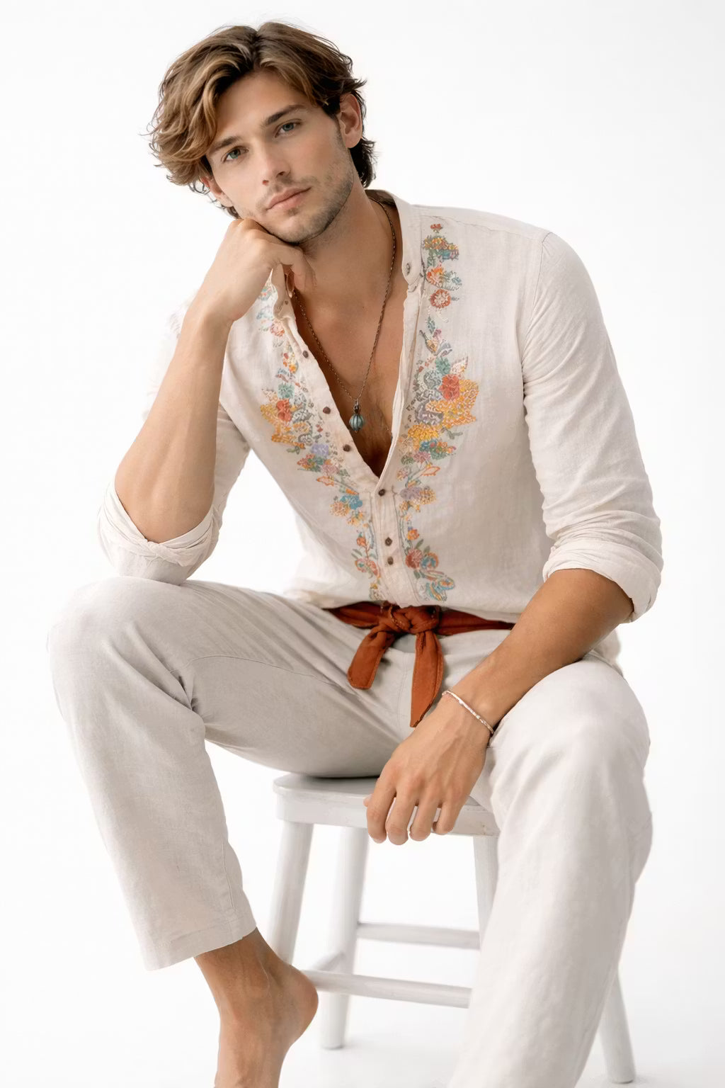 Herren Hemd Relaxed Fit Freizeit mit floralem Stickdesign