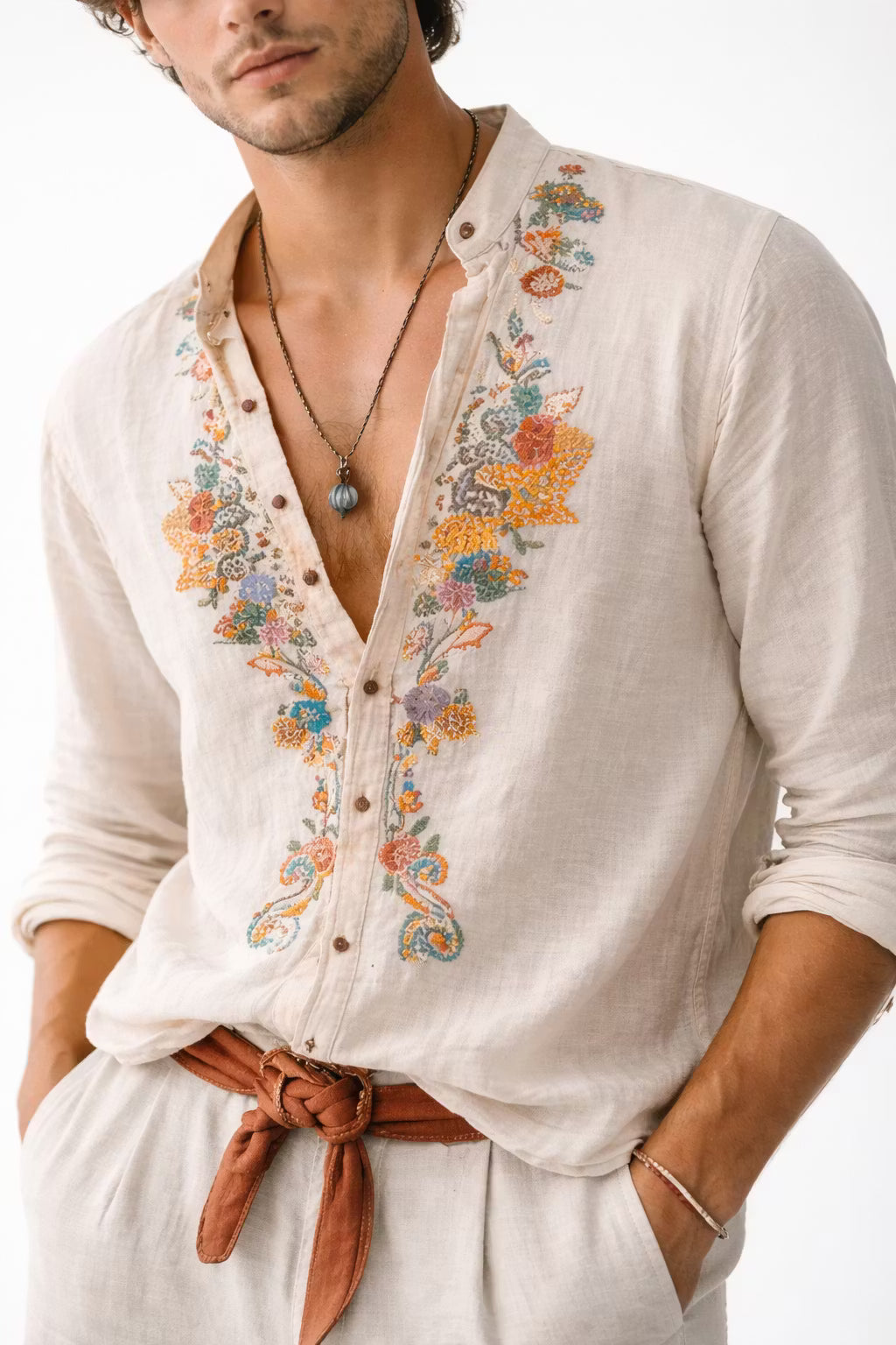 Herren Hemd Relaxed Fit Freizeit mit floralem Stickdesign