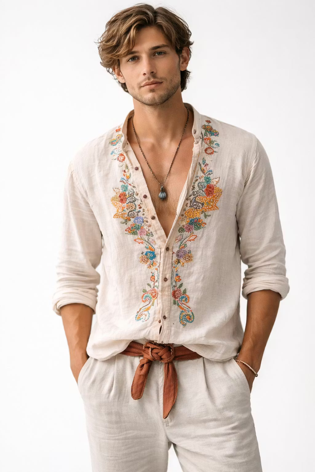 Herren Hemd Relaxed Fit Freizeit mit floralem Stickdesign