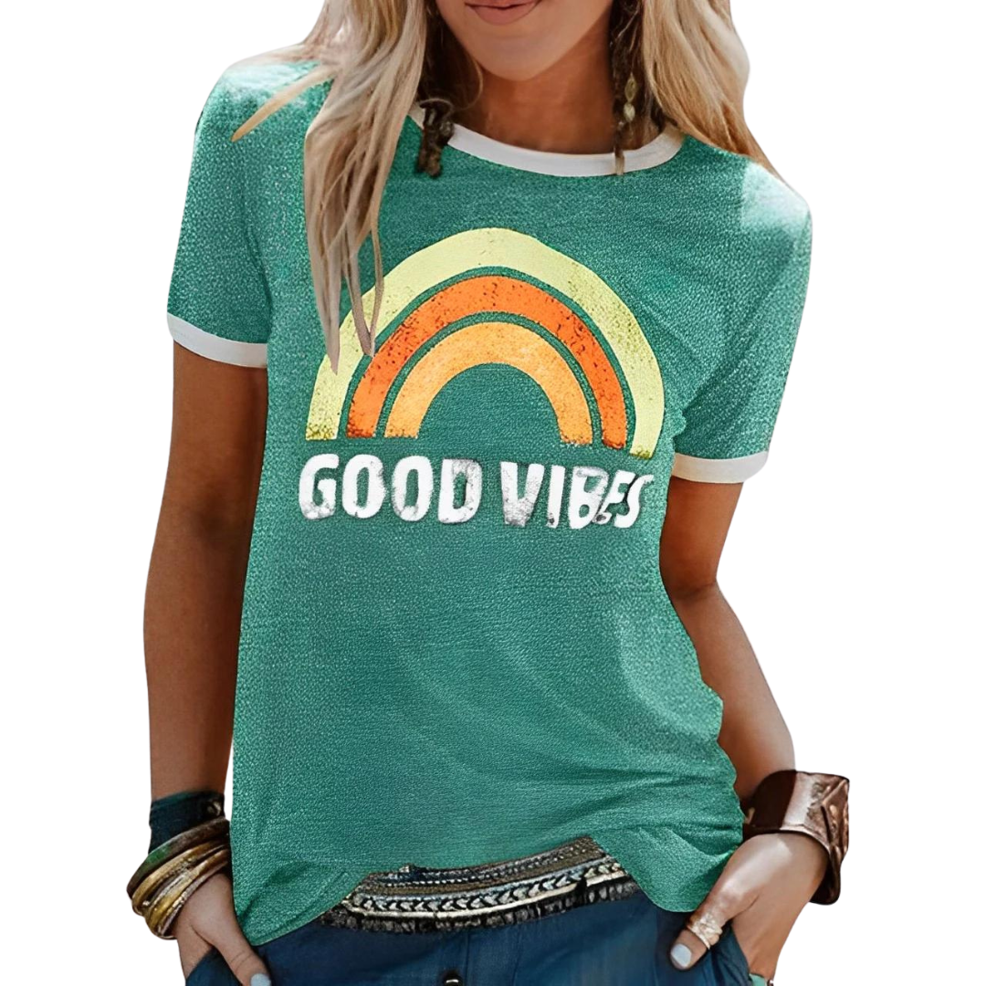 Damen T-Shirt Regular Fit Freizeit mit Regenbogenmuster