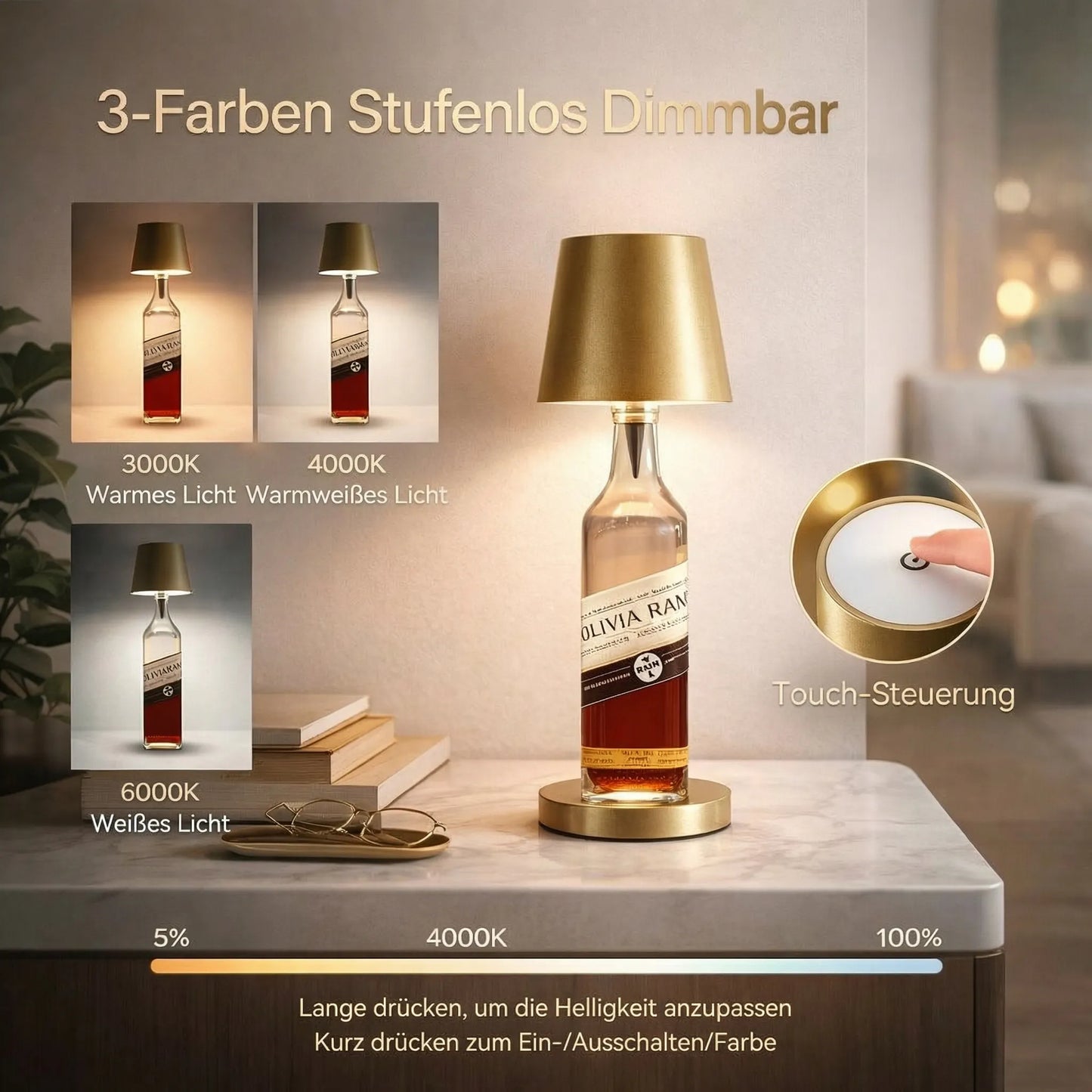 Flaschenlicht | Flasche als Tischlampe | Akku Tischleuchte | Flaschenverschluss | LumiFlasche