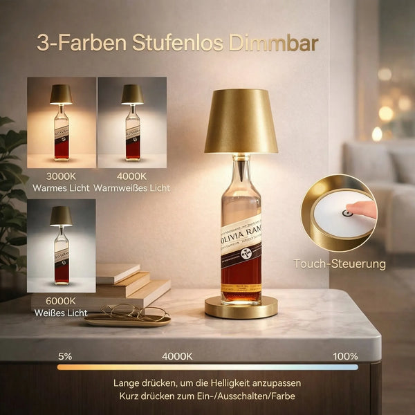 Flaschenlicht | Flasche als Tischlampe | Akku Tischleuchte | Flaschenverschluss | LumiFlasche