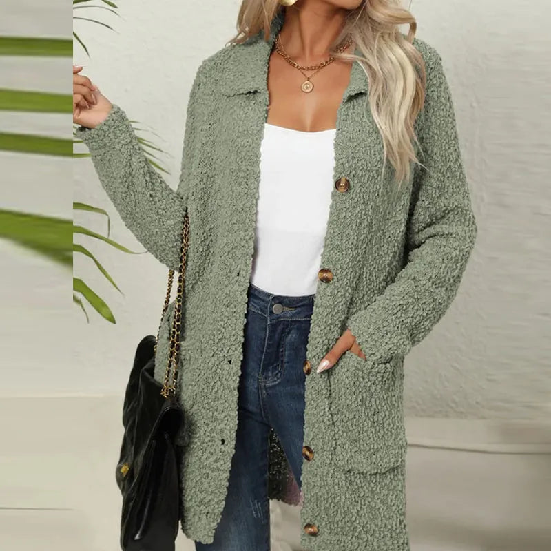 Ela I Damen Teddy-Cardigan Lang Relaxed Fit Freizeit mit Taschen