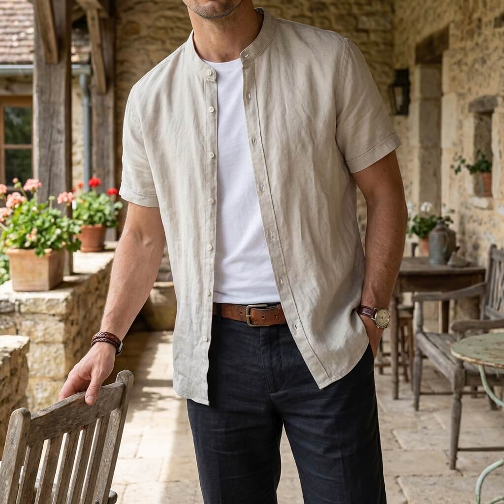 Hans | Herren Leinenhemd Kurzarm Stehkragen Regular Fit Freizeit