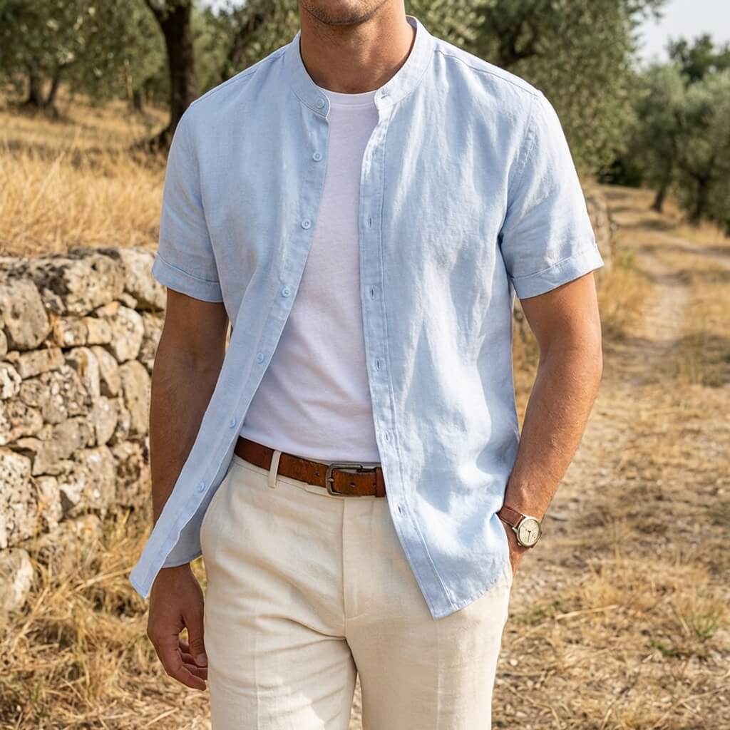 Hans | Herren Leinenhemd Kurzarm Stehkragen Regular Fit Freizeit