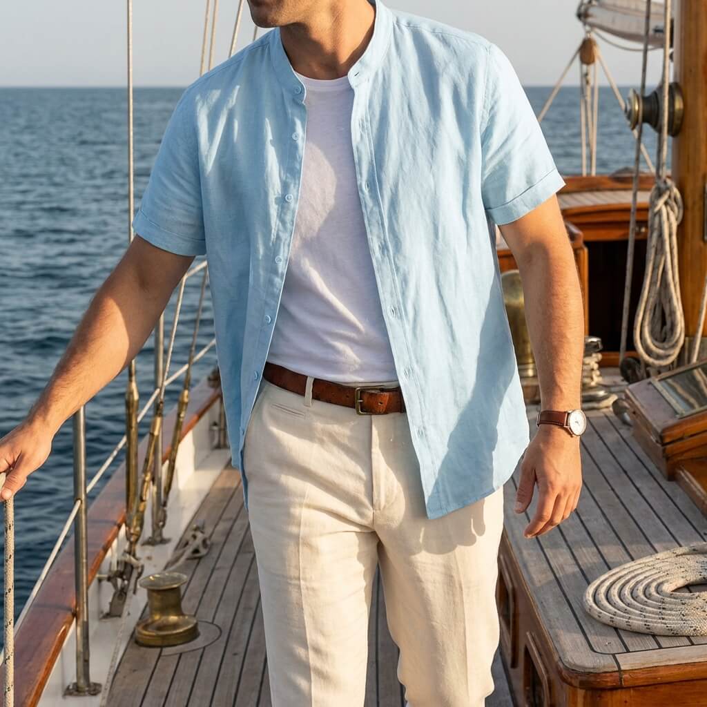 Hans | Herren Leinenhemd Kurzarm Stehkragen Regular Fit Freizeit
