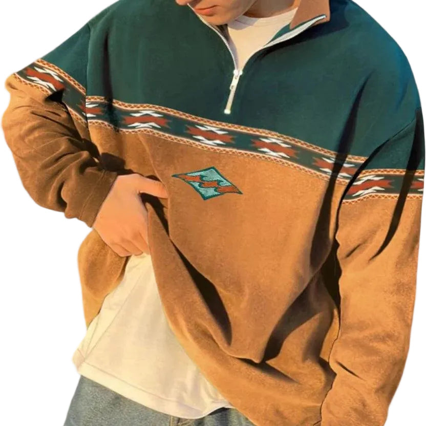 Herren Sweatshirt Regular Fit Freizeit mit Halb-Reißverschluss und Musterpanel