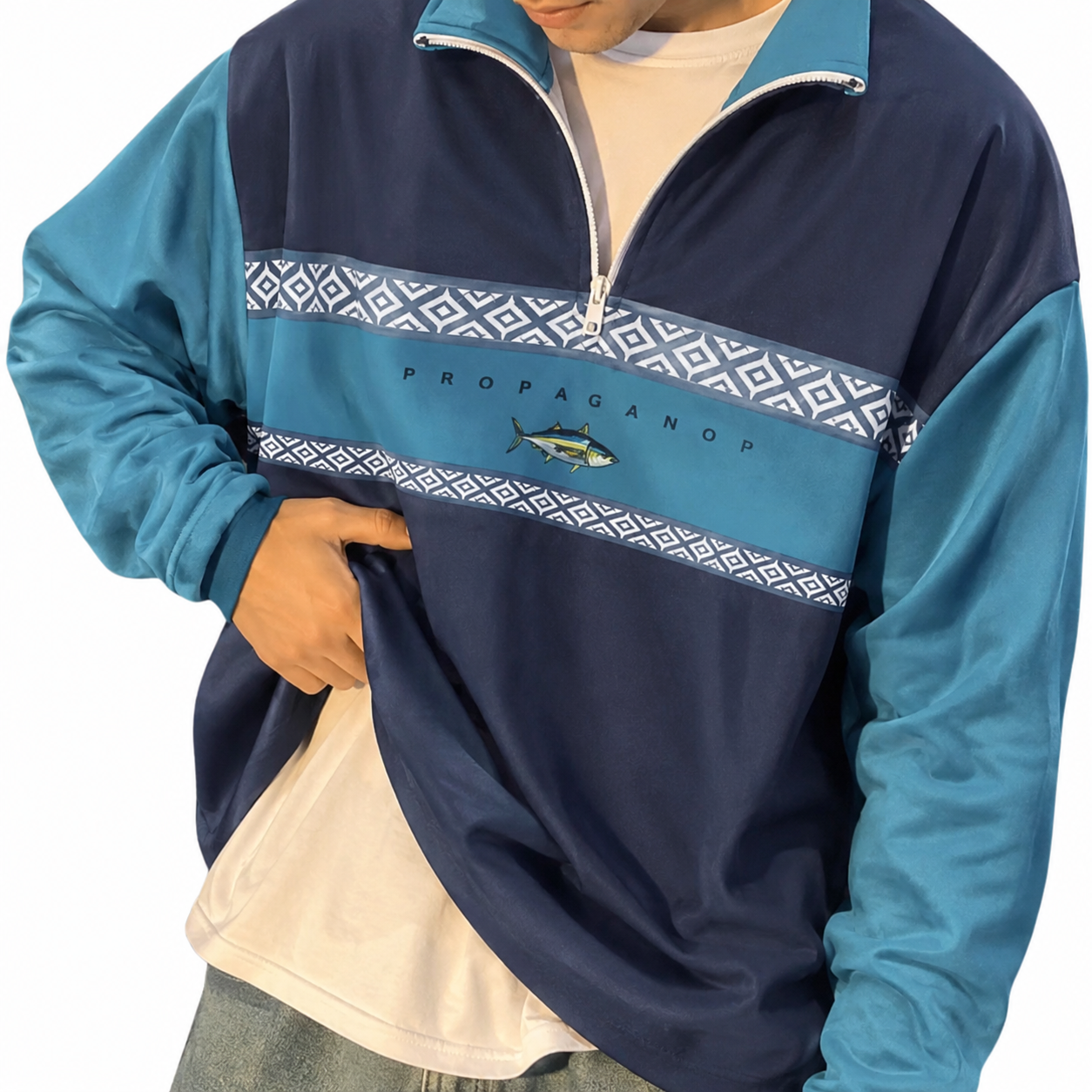 Herren Sweatshirt Regular Fit Freizeit mit Halb-Reißverschluss und Musterpanel