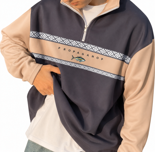 Herren Sweatshirt Regular Fit Freizeit mit Halb-Reißverschluss und Musterpanel