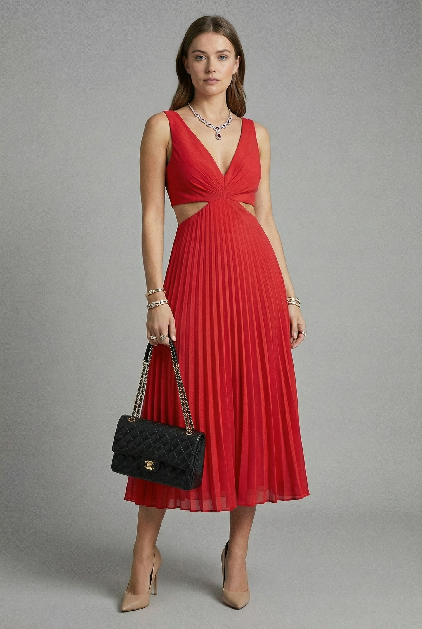 Damen Midikleid Plissiert Tailliert Elegant Freizeit & Abend