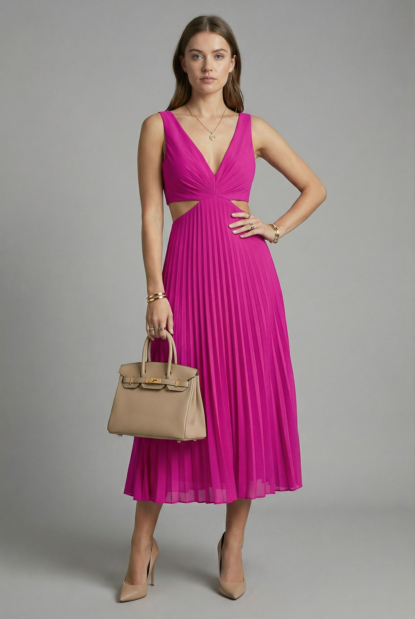 Damen Midikleid Plissiert Tailliert Elegant Freizeit & Abend