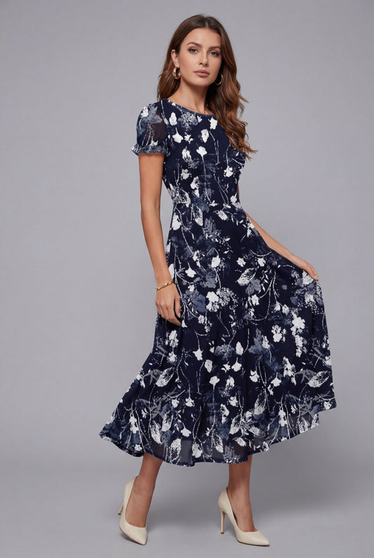 Damen Midikleid Relaxed Fit Sommer Elegant mit Blumenprint