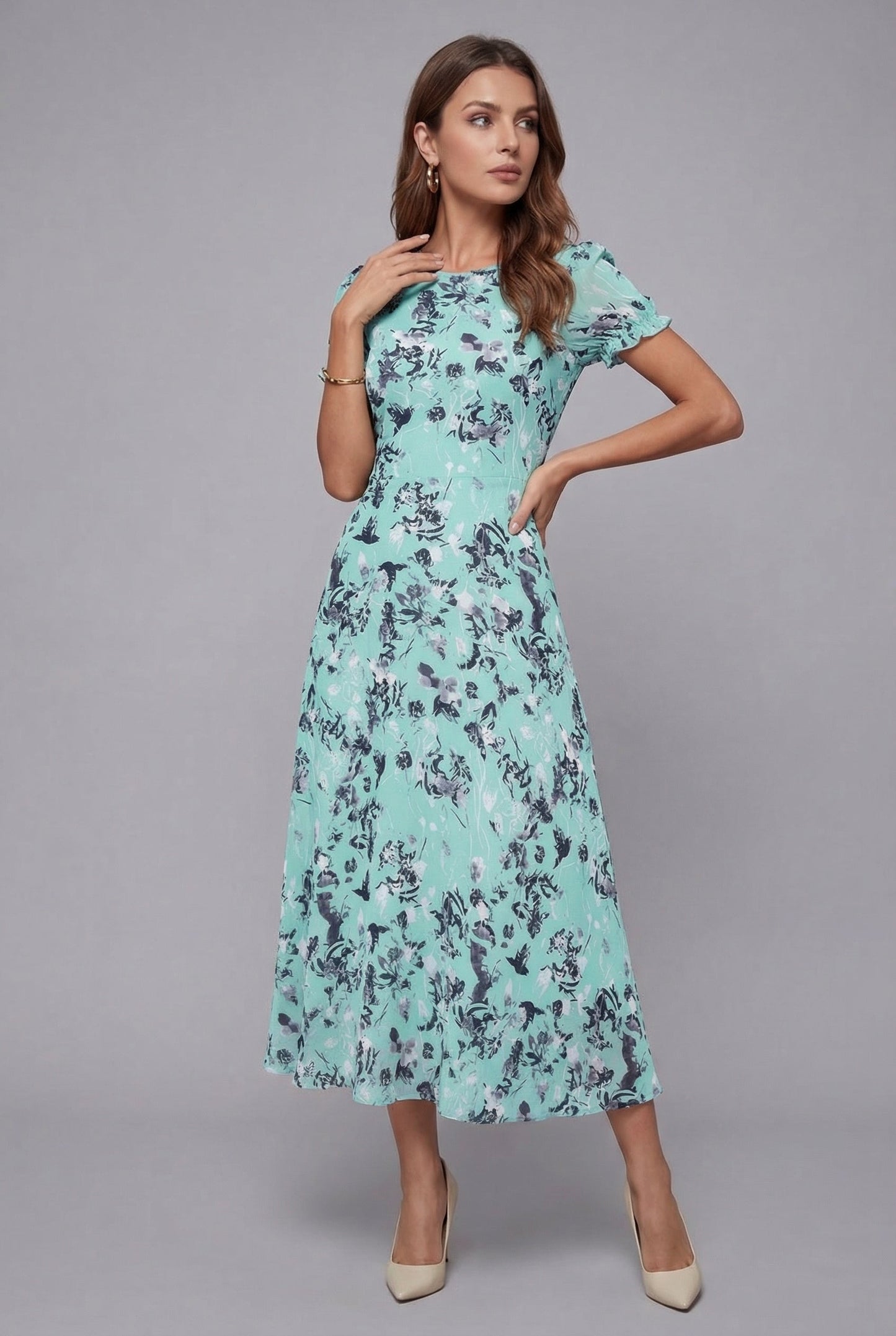 Damen Midikleid Relaxed Fit Sommer Elegant mit Blumenprint