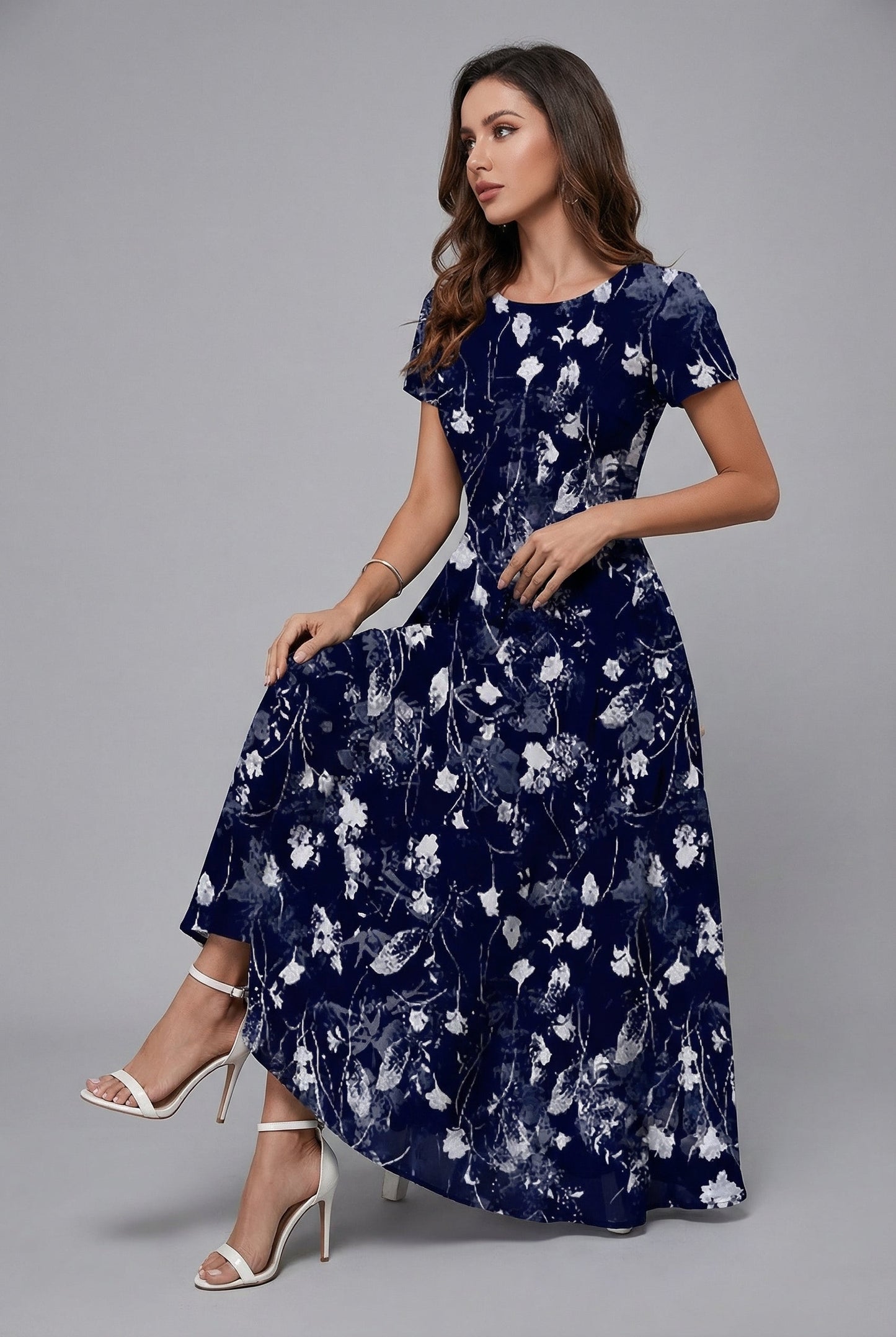 Damen Midikleid Relaxed Fit Sommer Elegant mit Blumenprint