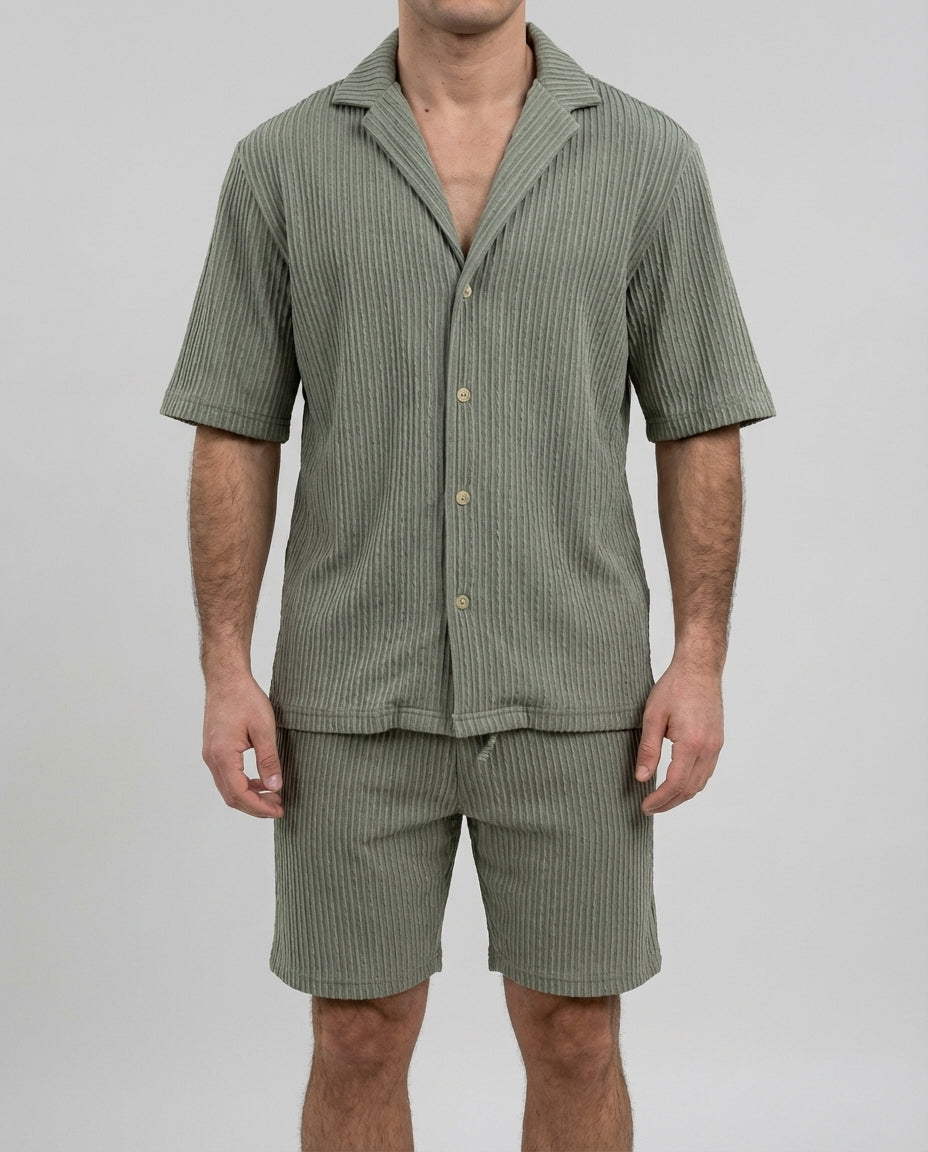 Kurzarm Hemd Shorts Set Herren Sommer Zweiteiler Struktur