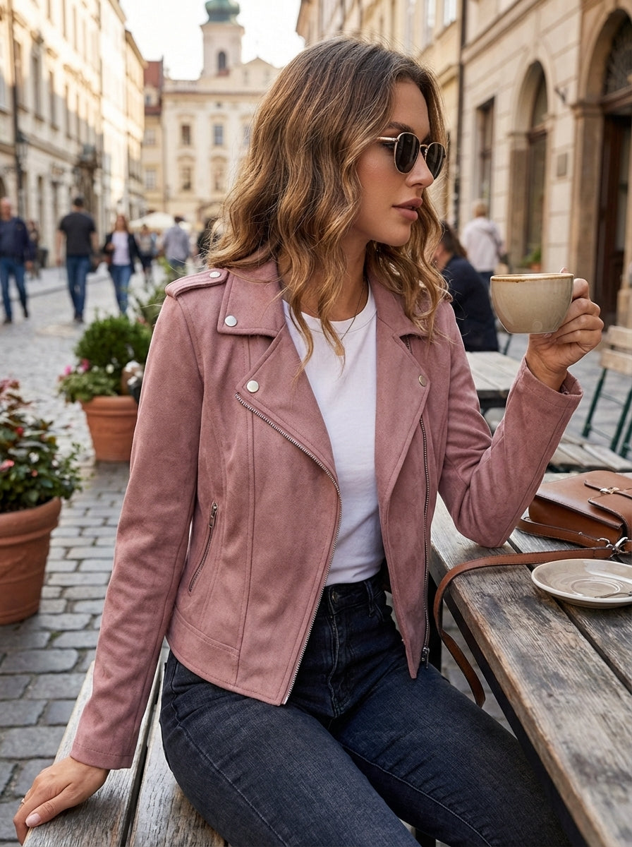 Damen Bikerjacke Slim Fit Casual mit Reverskragen