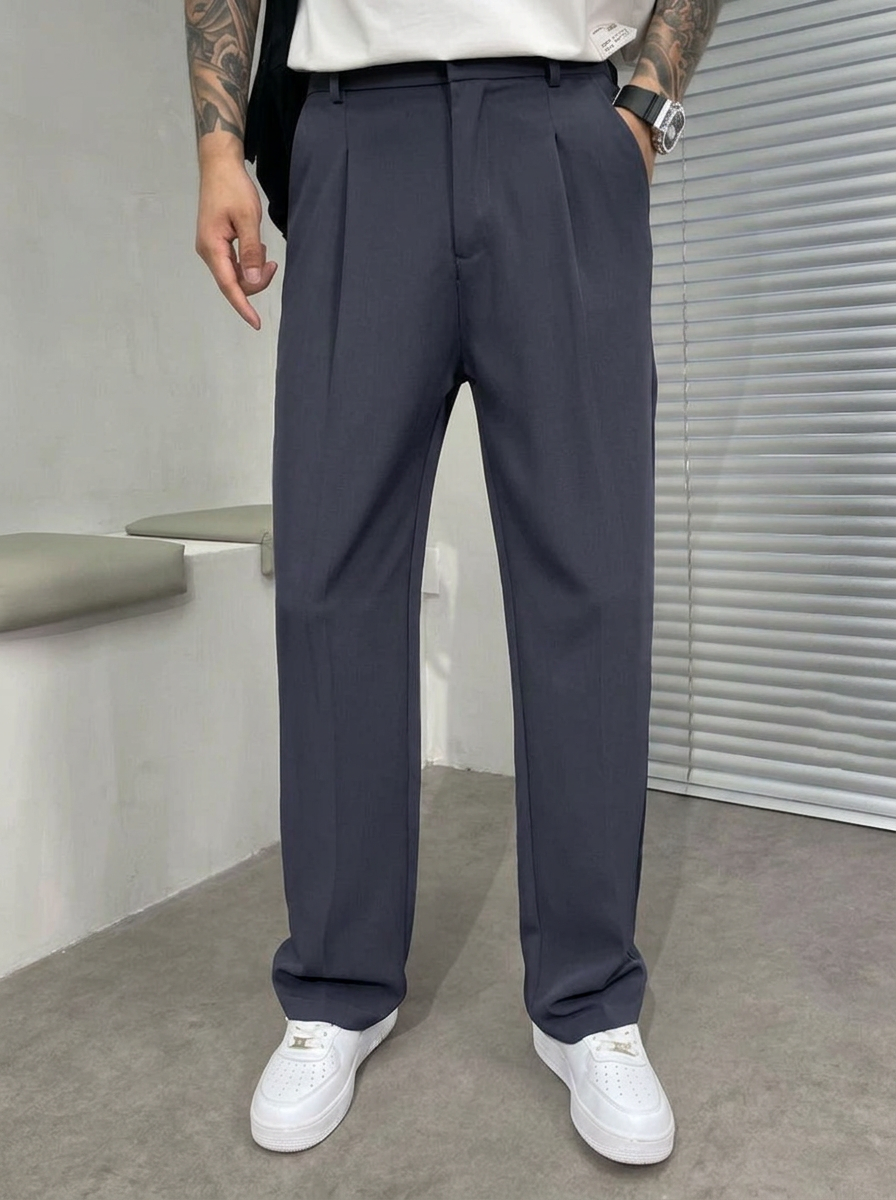 Herrenweite Hose Weites Bein Smart Casual mit Falten und Gürtelschlaufen