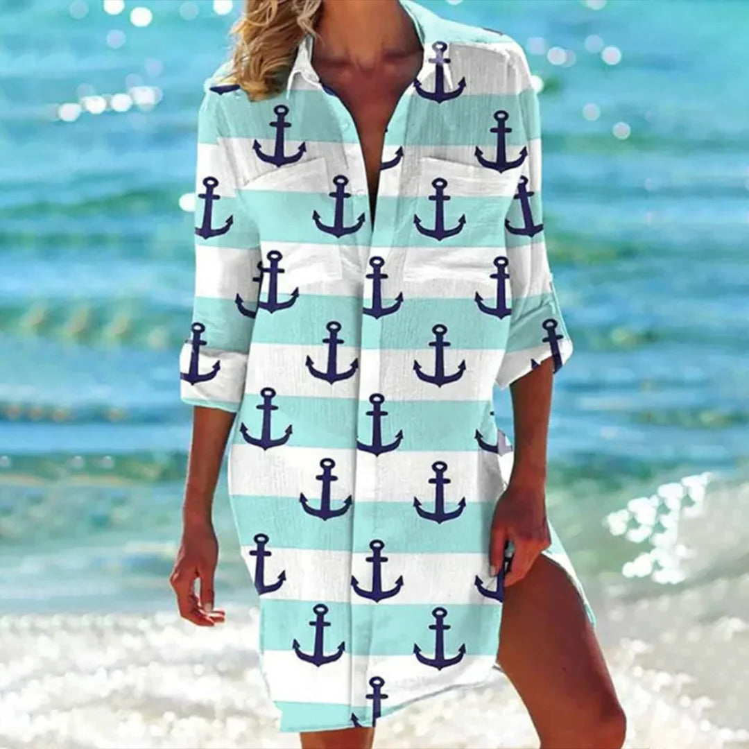 Damen Hemdkleid Tropischer Druck Leicht Sommer Freizeit Strand