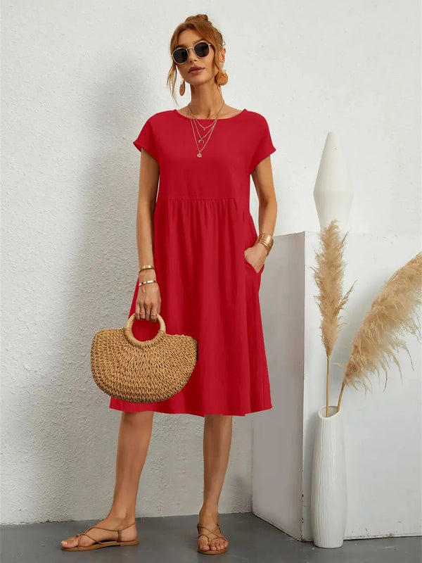Damen Midi Kleid Smock Freizeit Sommer Regular Fit
