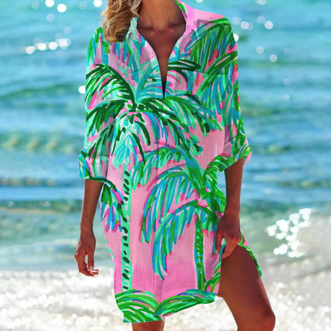 Damen Hemdkleid Tropischer Druck Leicht Sommer Freizeit Strand